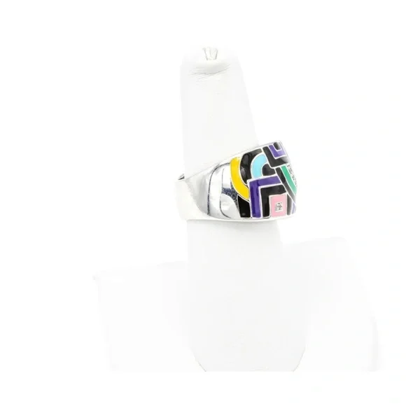 Belle Etoile Silver Enamel Mosaic Geometric Art Deco Motif Ring Size 6.5